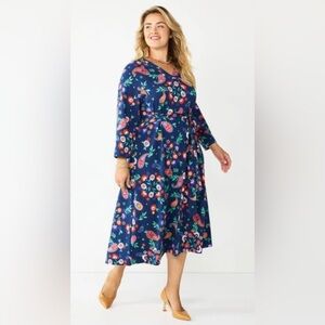 Croft & Barrow PLUS SIZE Blue Floral Paisley BOHO V-Neck MIDI Dress Size 2X NWT